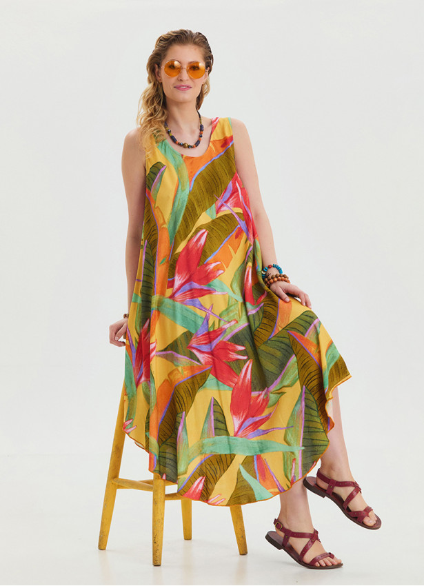 Boat Neck Loose Cut Yellow Authentic Dress 4666
